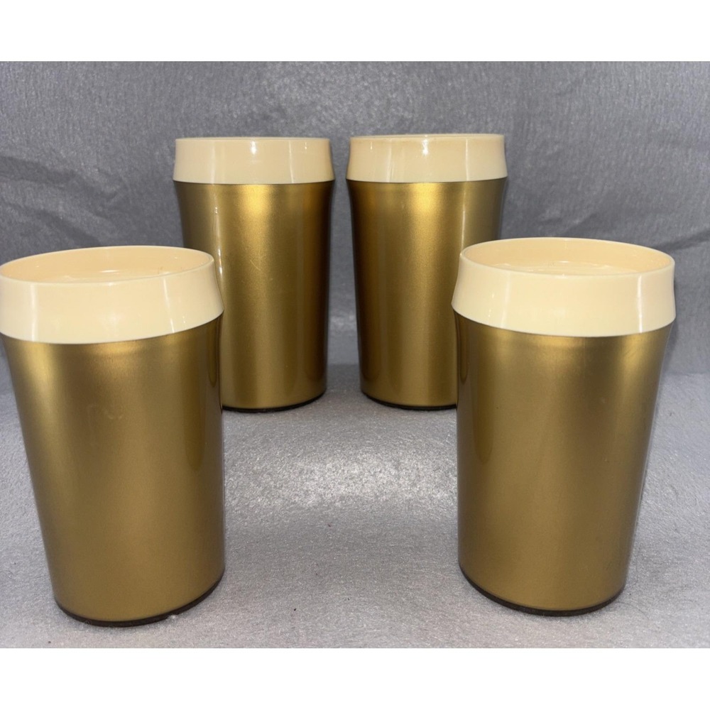 Vintage NFC Thermo Serv Insulated Tumblers Gold And Beige Set Of 4 MCM Made‎ USA